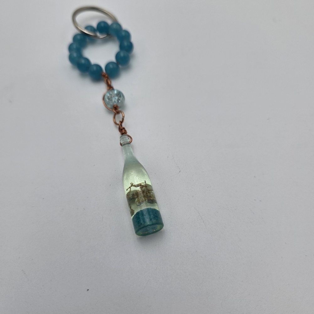 Handmade Teal Beaded Mini Bottle Keychain - Picture 3 of 4
